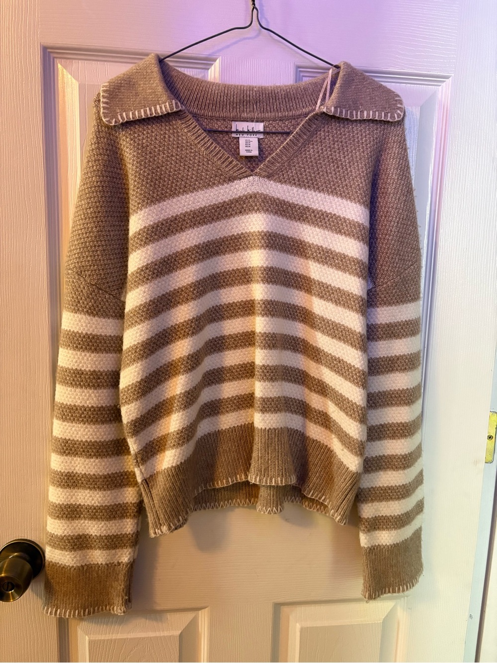 Nicole Miller Tan & Cream Striped V-Neck Sweater with Collar